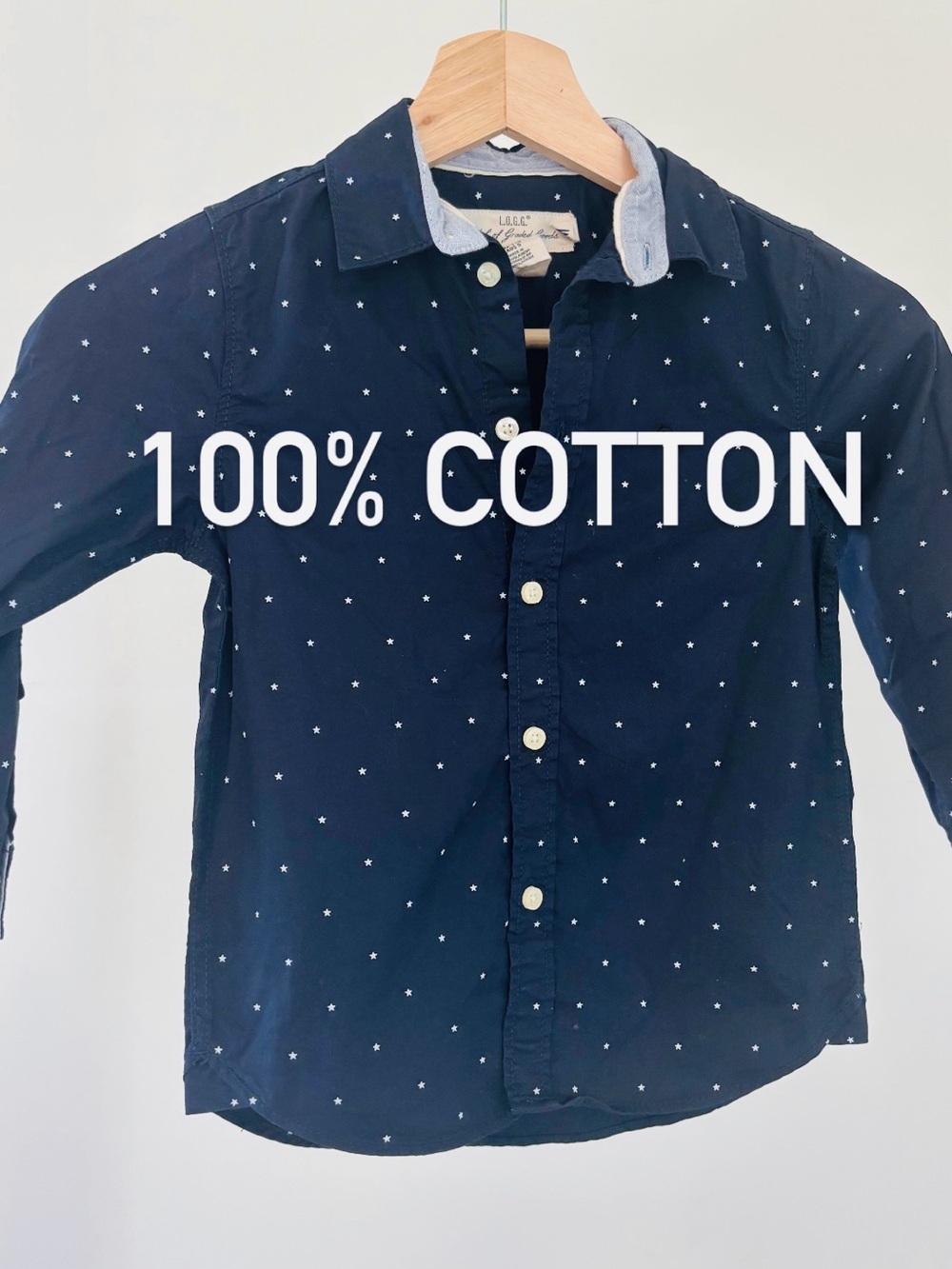 LOGG Kids Navy Button-Down Shirt with White Star Print | 4-5y | 100% Cotton